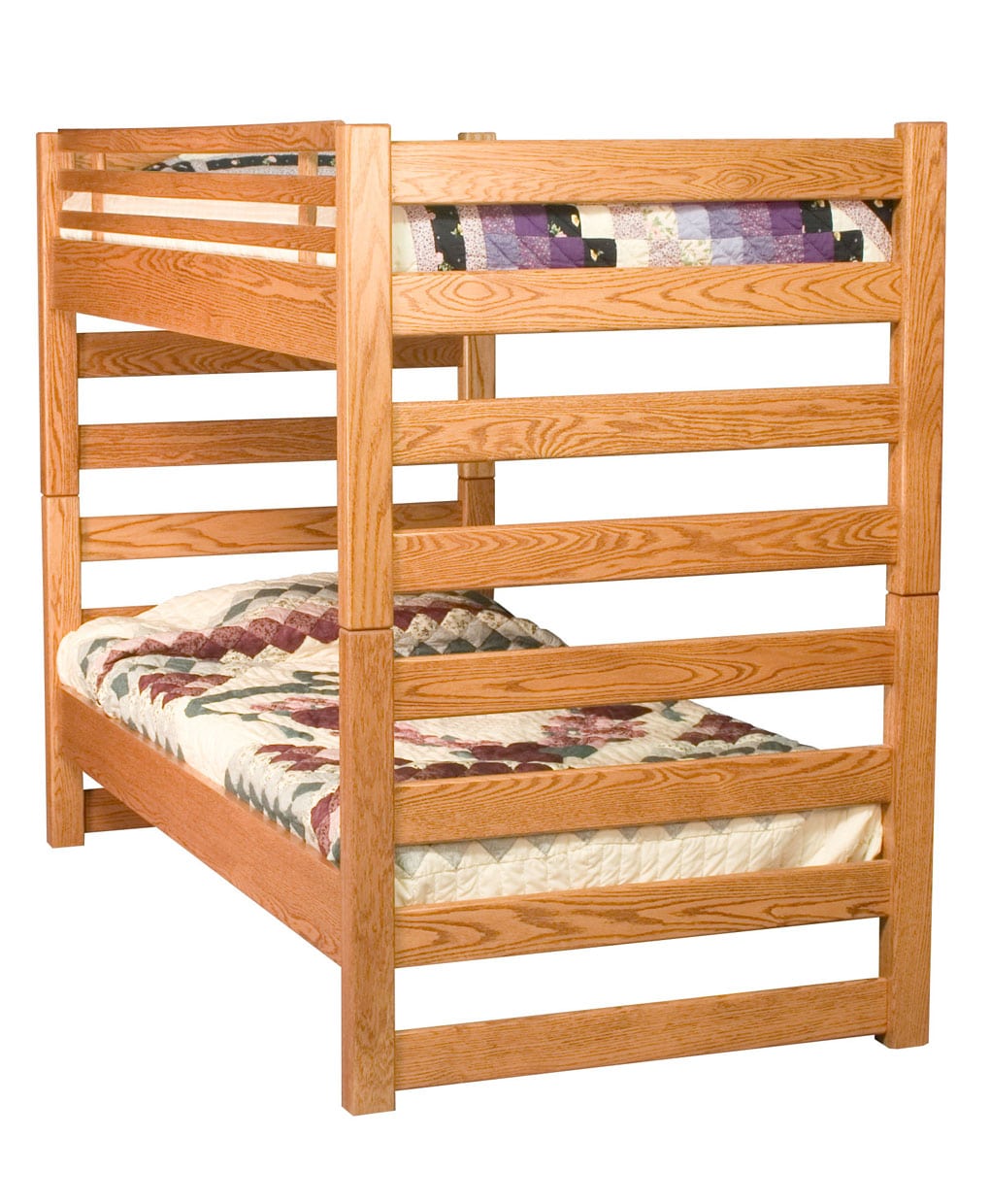 Wooden bunk bed with floral bedding on a white background
