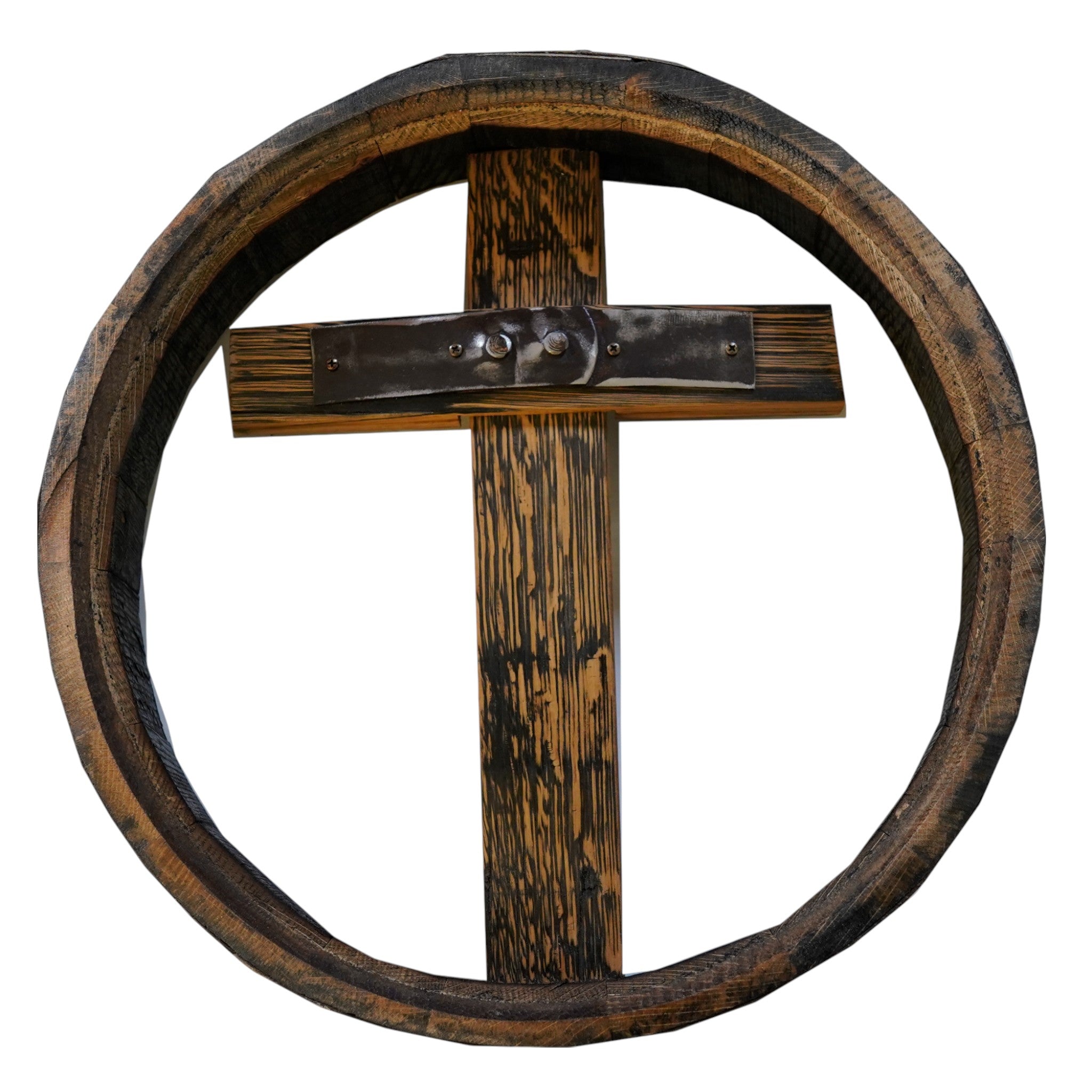 Wooden cross with circular wooden frame on a white background