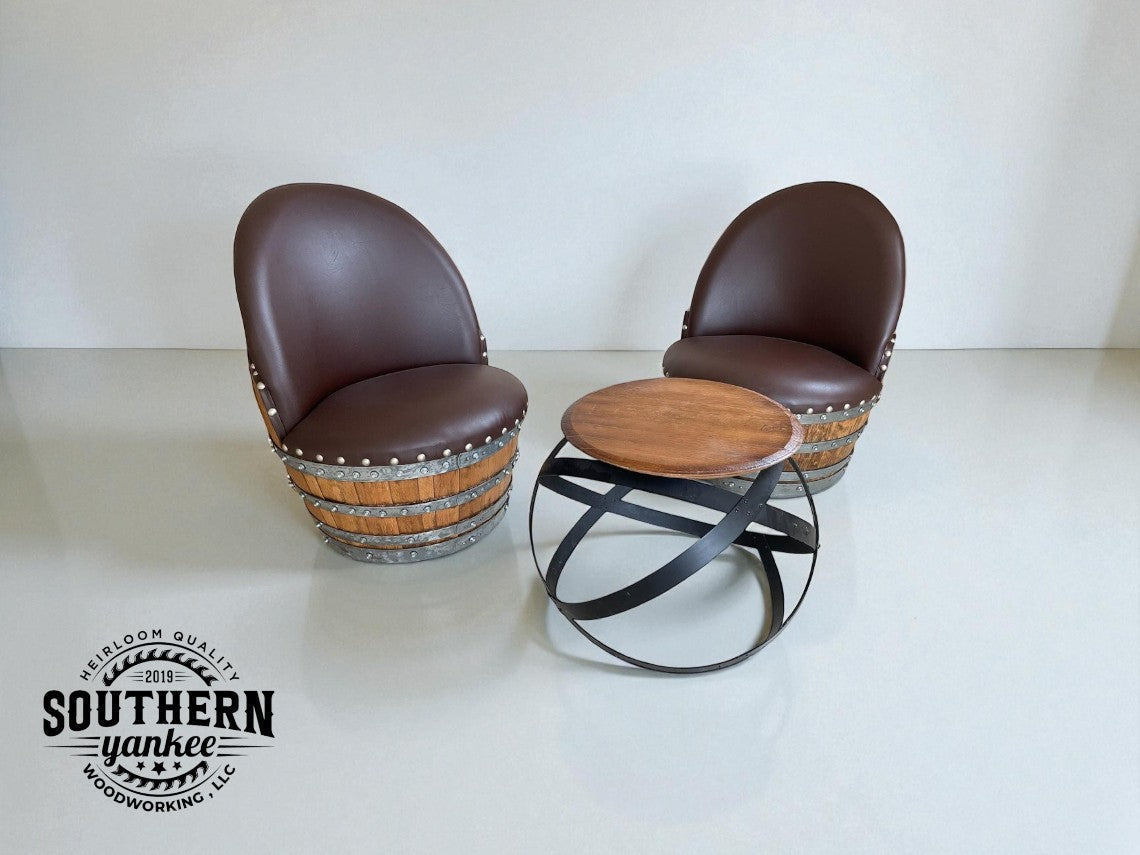 1773 Whiskey Barrel Hoop Table Set: 2 Chair Patio Furniture (Brown)