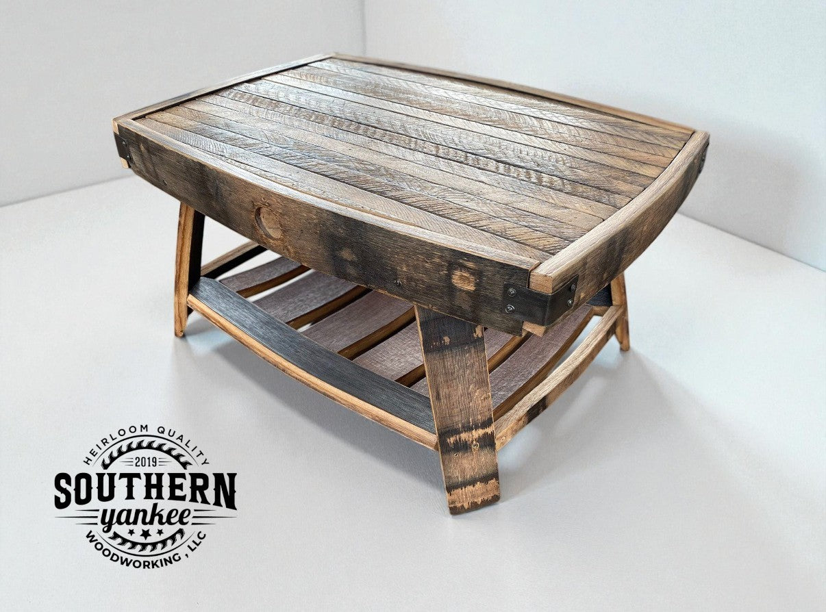 Wooden stool with a rustic design on a white background, featuring the Southern Yankee Woodworking logo.