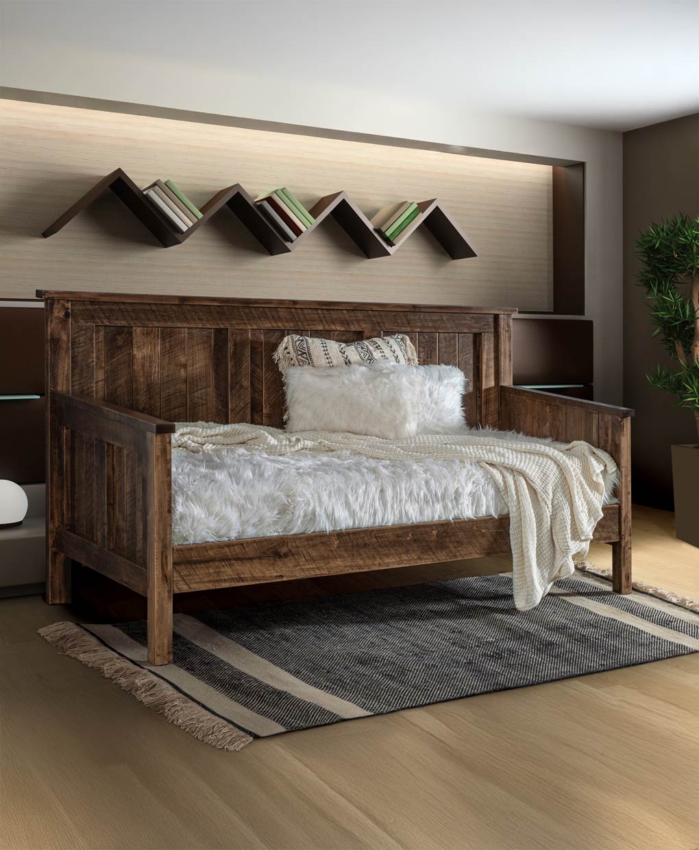 Wooden bed with white bedding in a bedroom setting