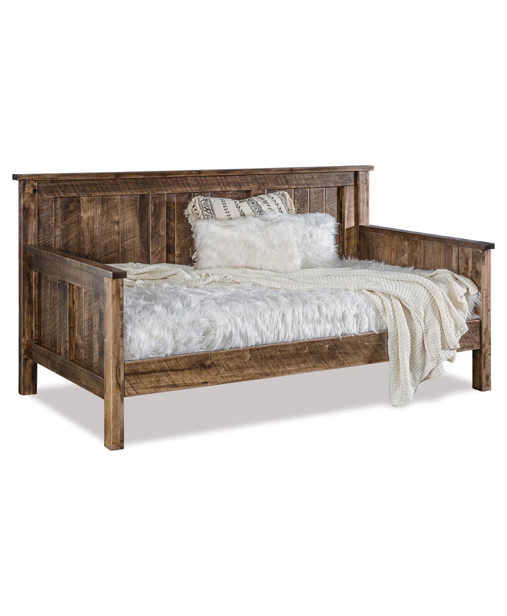 Wooden bed with white bedding on a white background