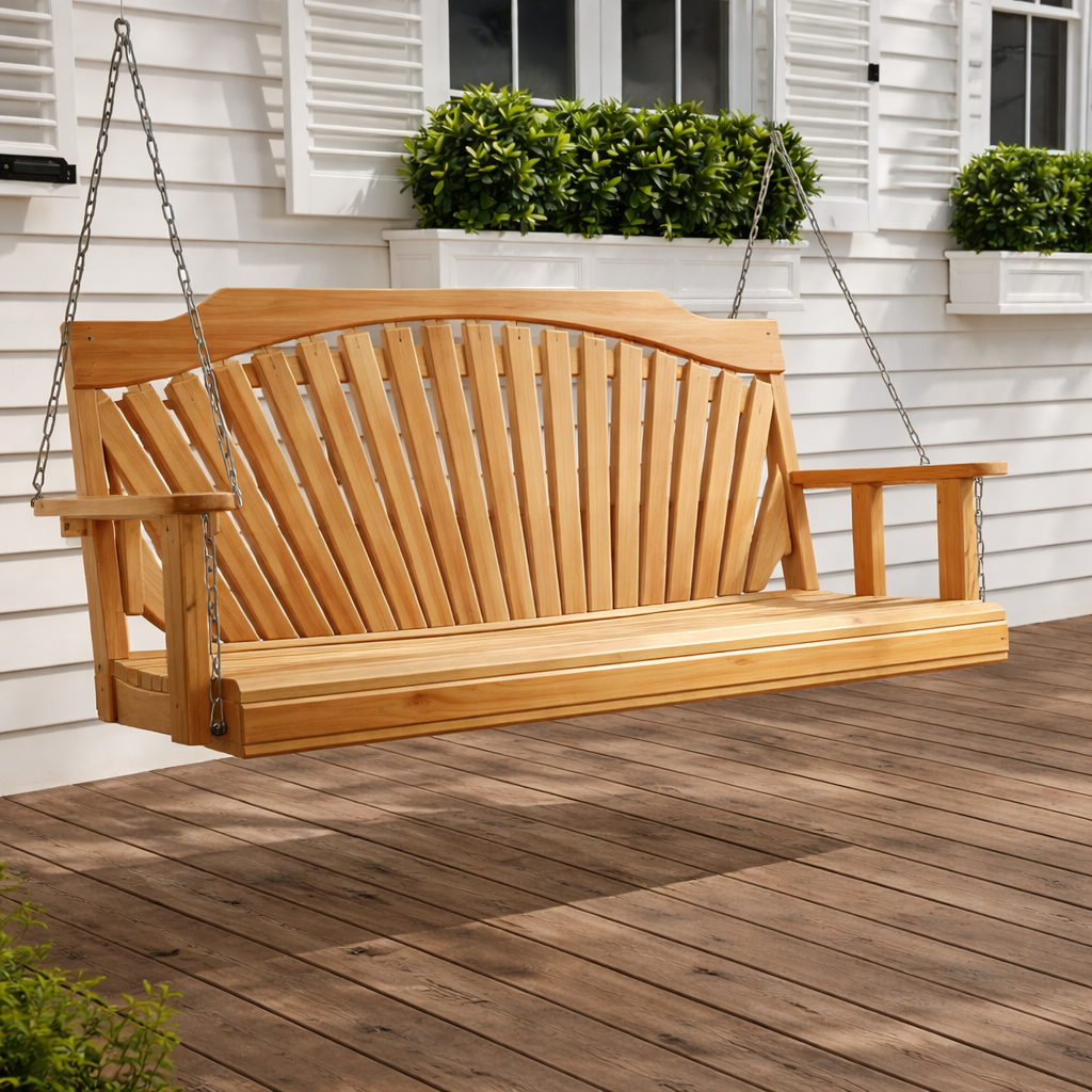 Wooden porch swing on a wooden deck with a house in the background