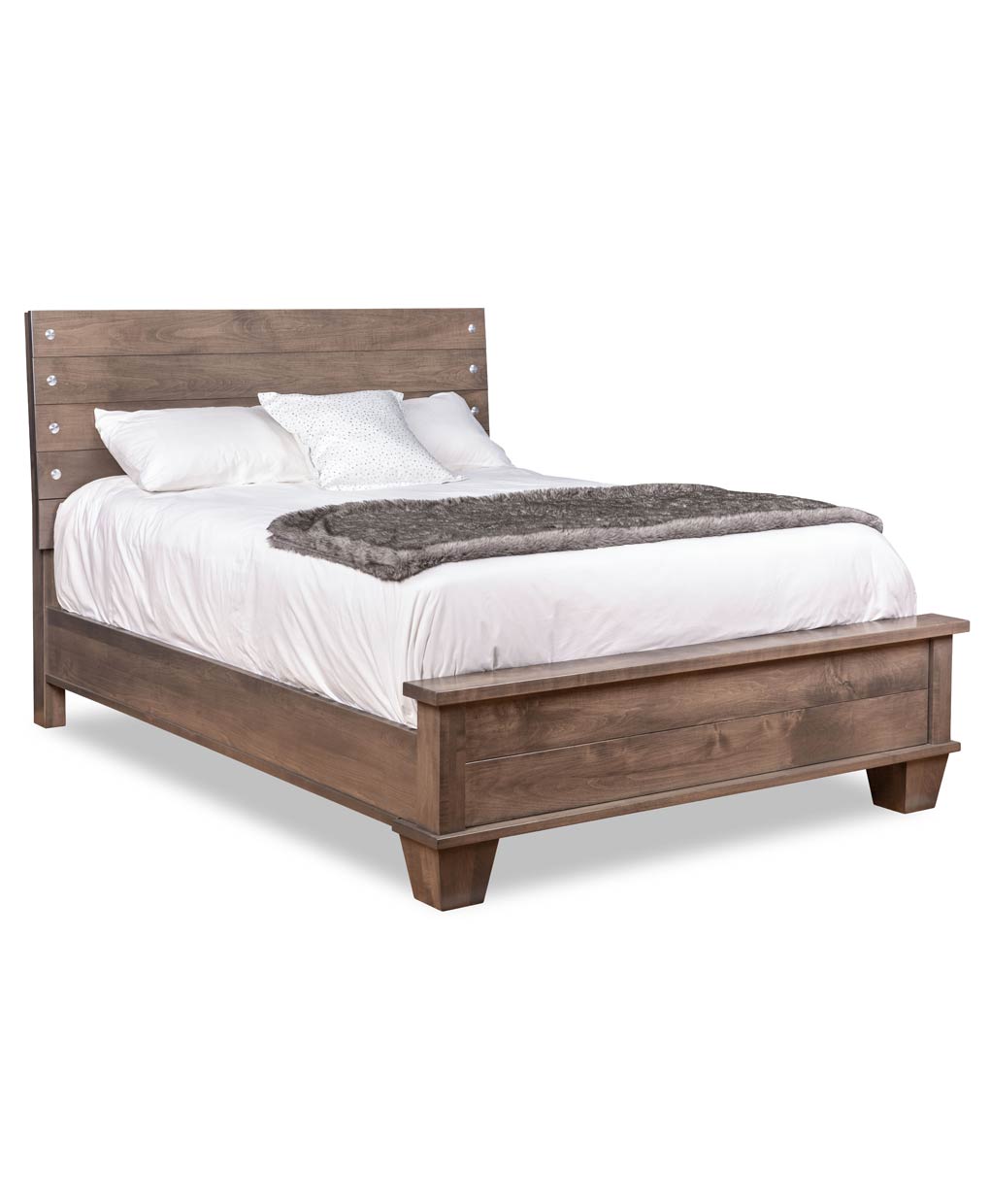 Wooden bed with white bedding and a gray blanket on a white background