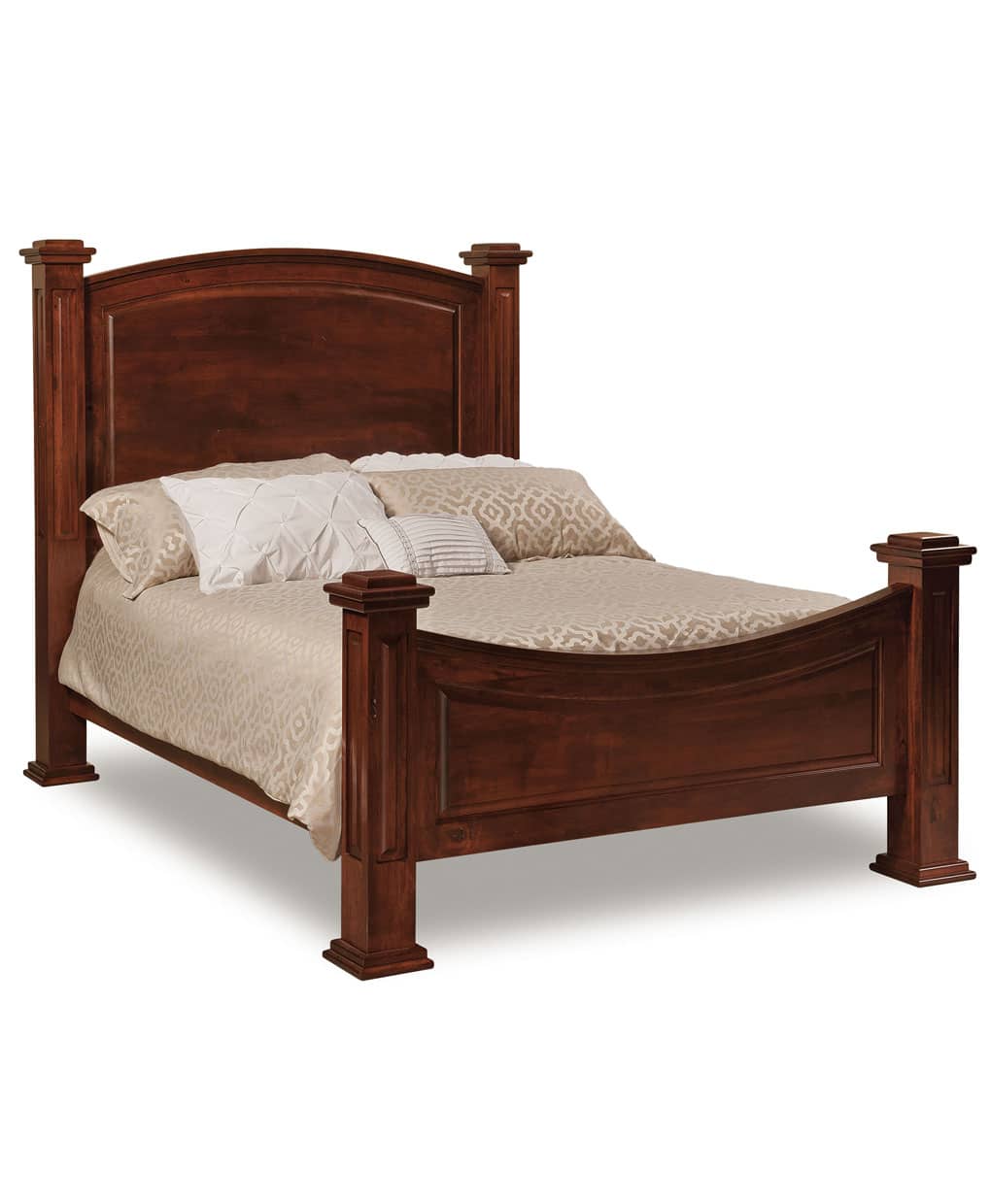 Wooden bed with a brown finish on a white background