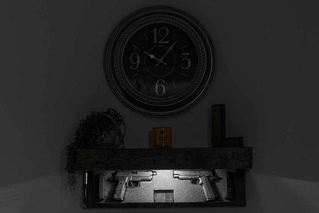 floating mantle with wall clock above