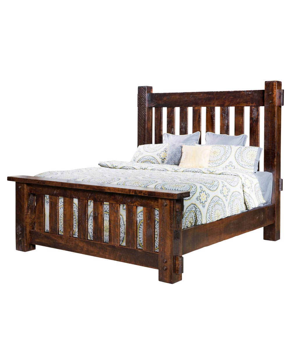 Wooden bed with bedding on a white background