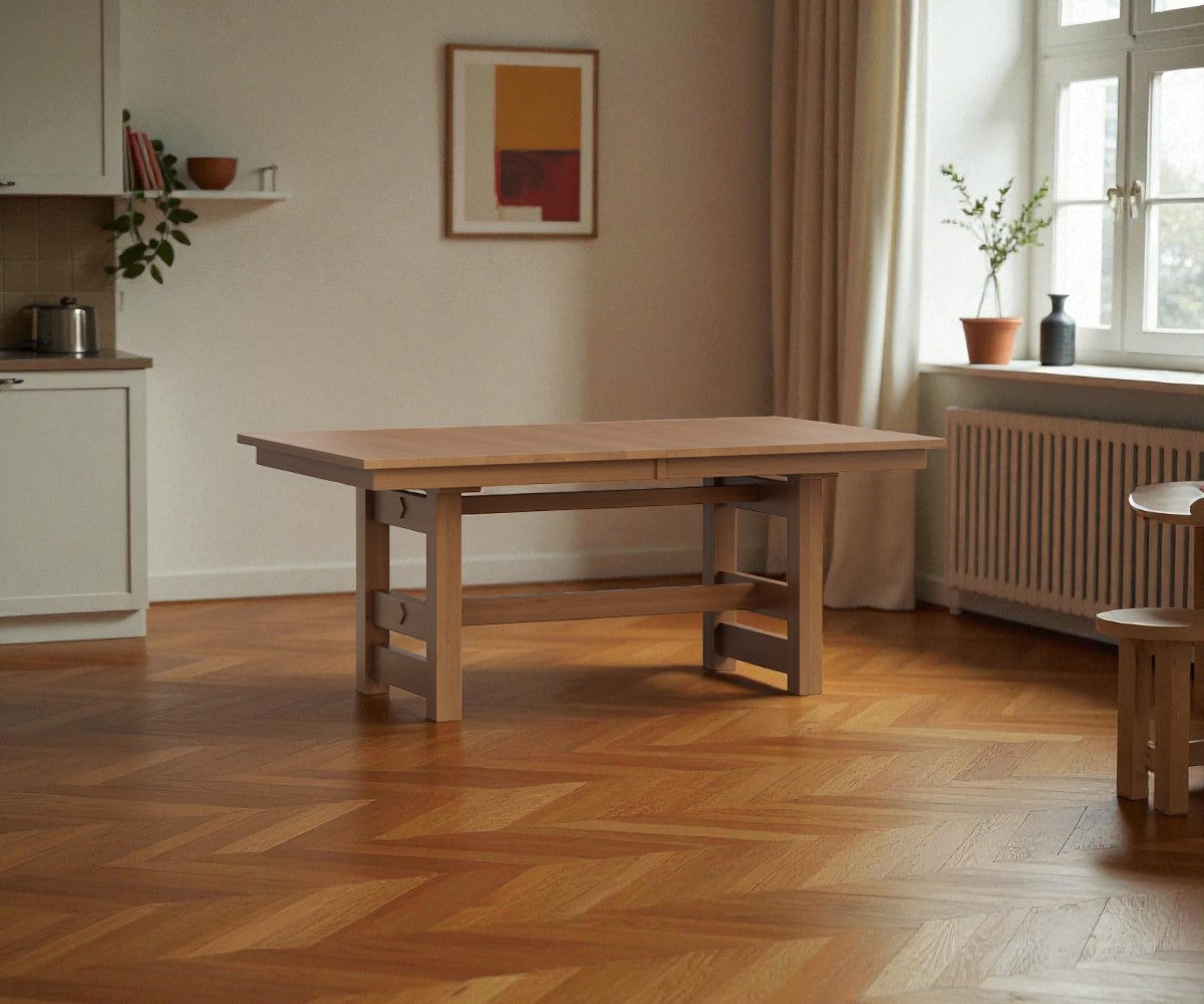 Wooden dining table in a room with a radiator and window