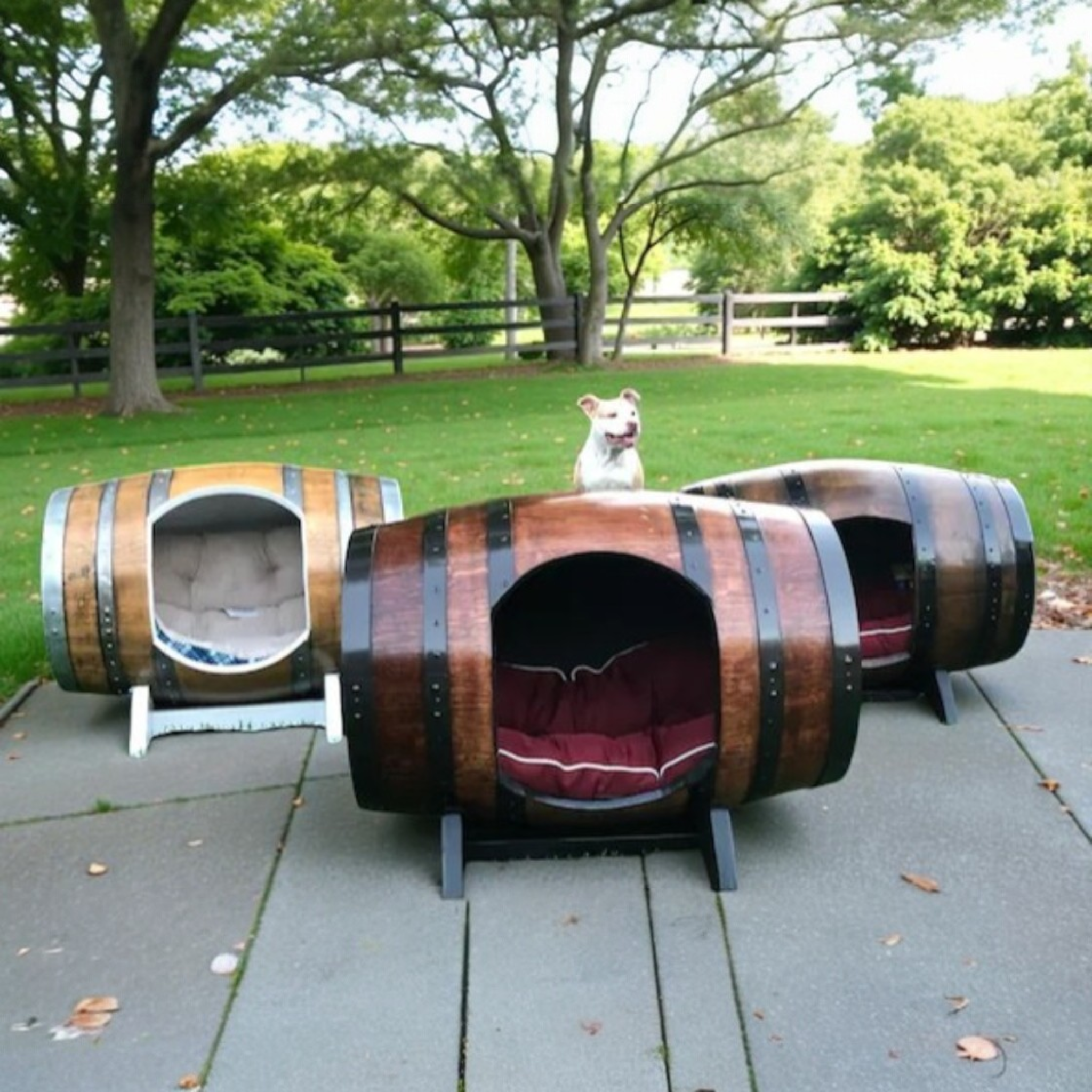 Wooden barrel-shaped pet houses with a dog peeking out in a park setting.