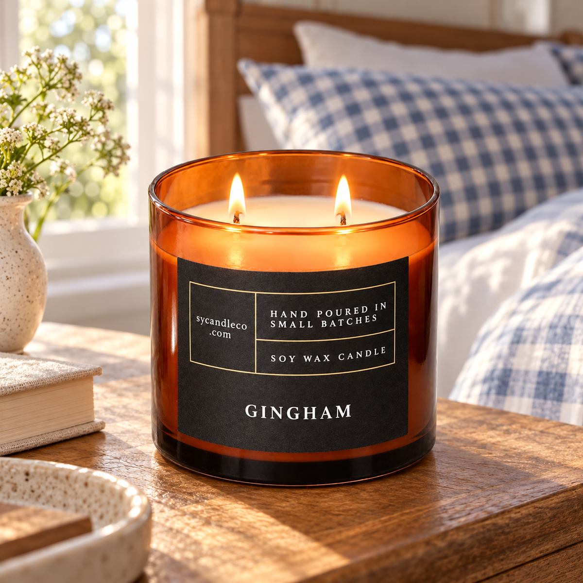 Gingham candle with sycandleco.com branding in a lifestyle setting