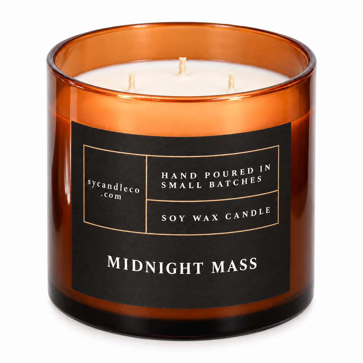 Midnight Mass candle with sycandleco.com branding, product view