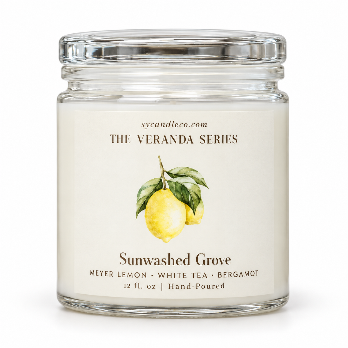Sunwashed Grove candle with sycandleco.com branding, product view