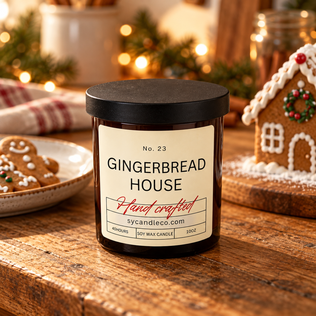 Gingerbread House soy candle — amber lifestyle