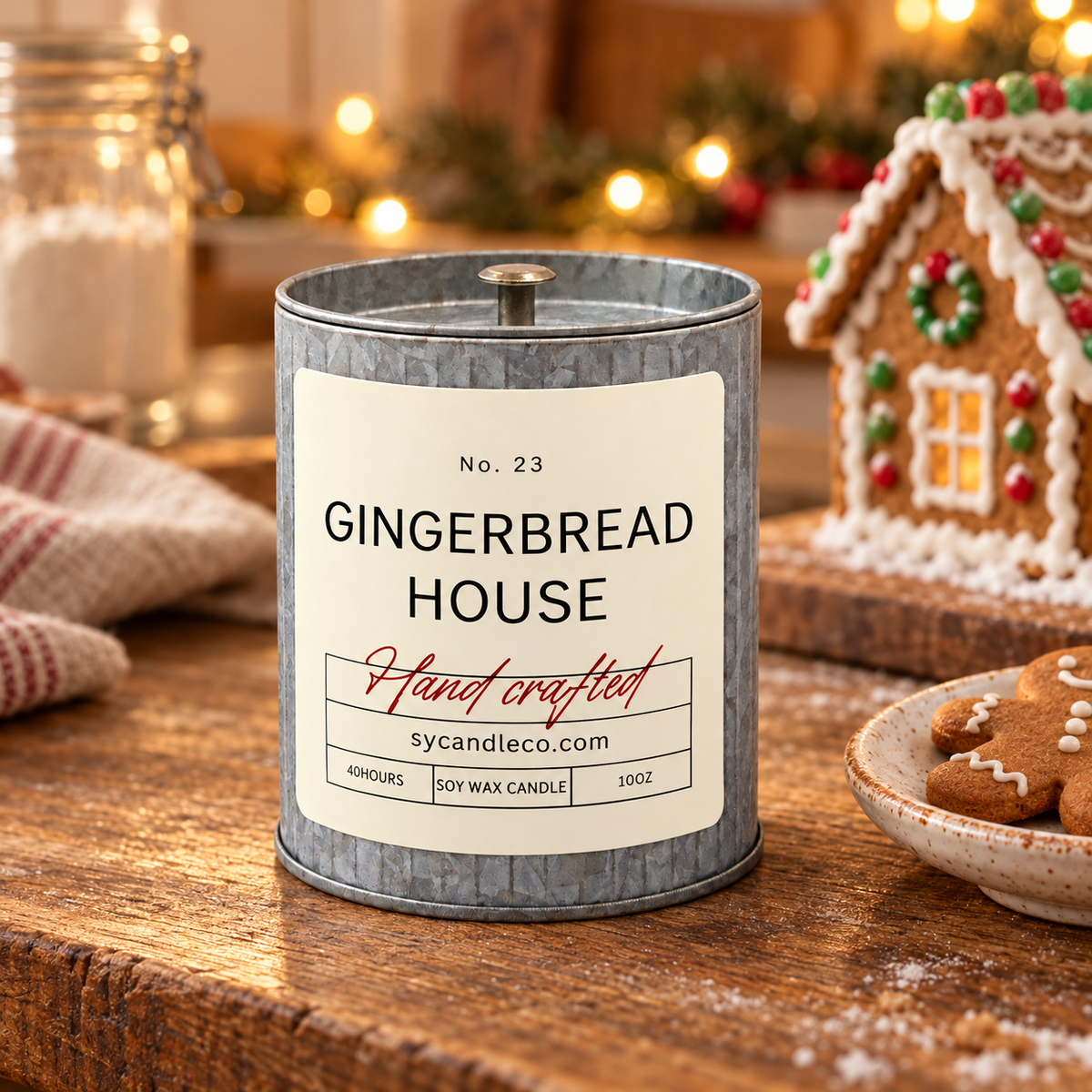 Gingerbread House soy candle — tin lifestyle