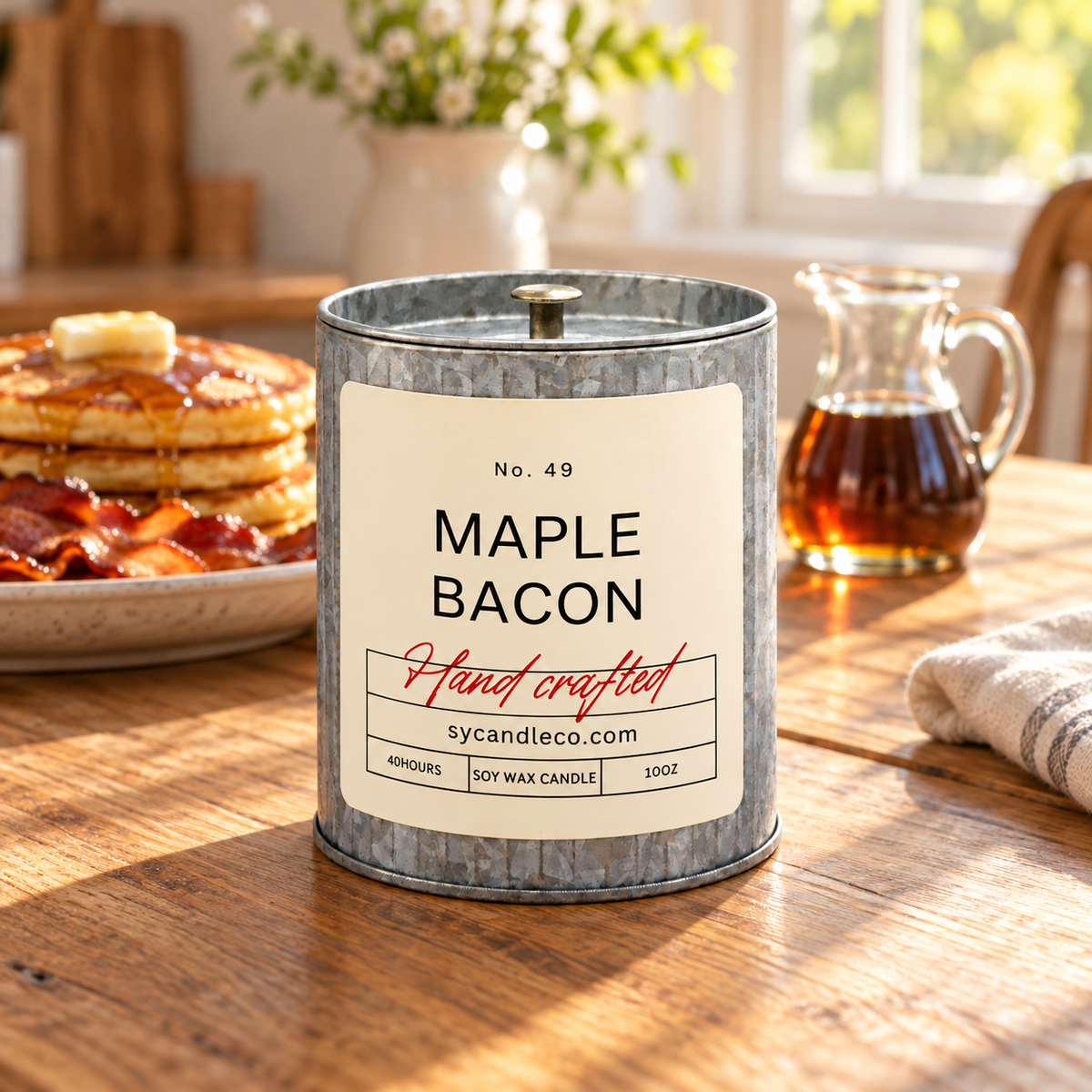 Maple Bacon soy candle in a farmhouse tin, breakfast setting