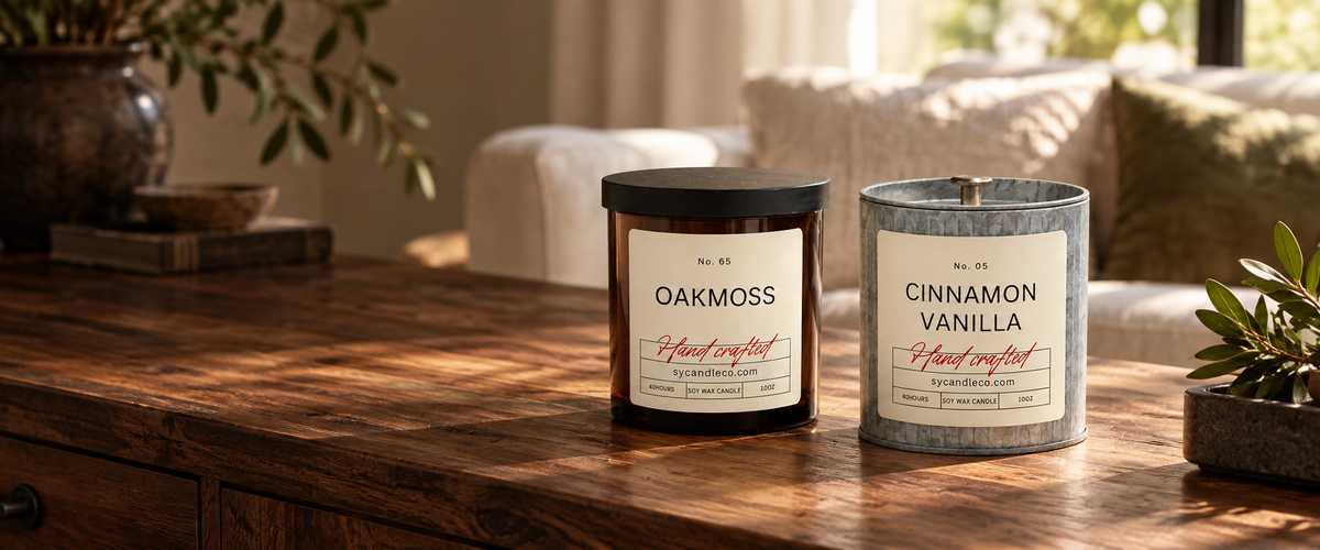 Oakmoss amber glass and Cinnamon Vanilla farmhouse tin soy candles on a walnut console in a cozy living room