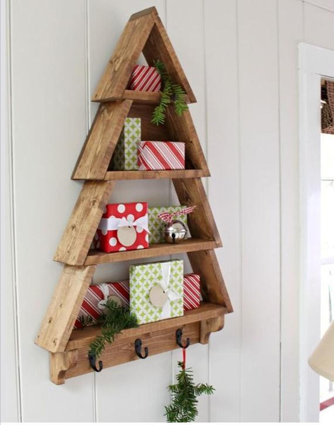 Wooden Christmas tree coat hanger w/shelf