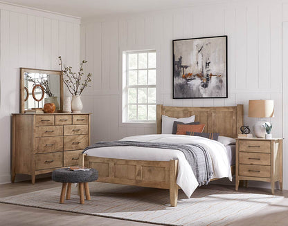 Wooden bedroom furniture set with bed, dresser, and nightstands in a room with a window and abstract painting.