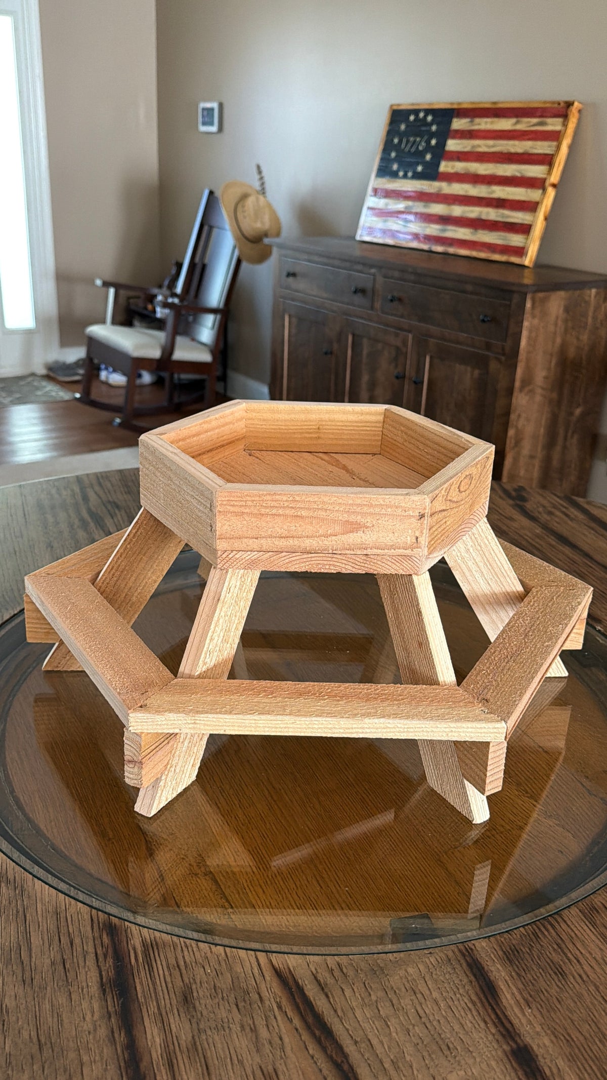 Cedar Chick-Nic Table hexagonal chicken feeder