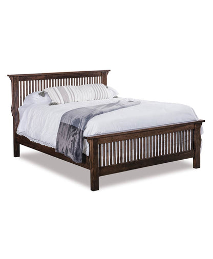 Wooden bed with white bedding on a white background