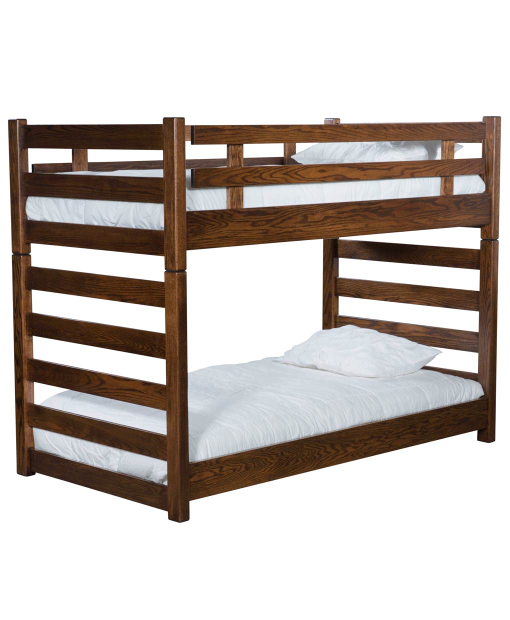 Wooden bunk bed with white bedding on a white background