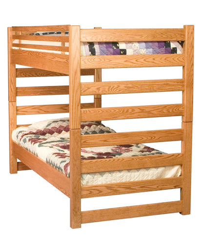 Wooden bunk bed with floral bedding on a white background