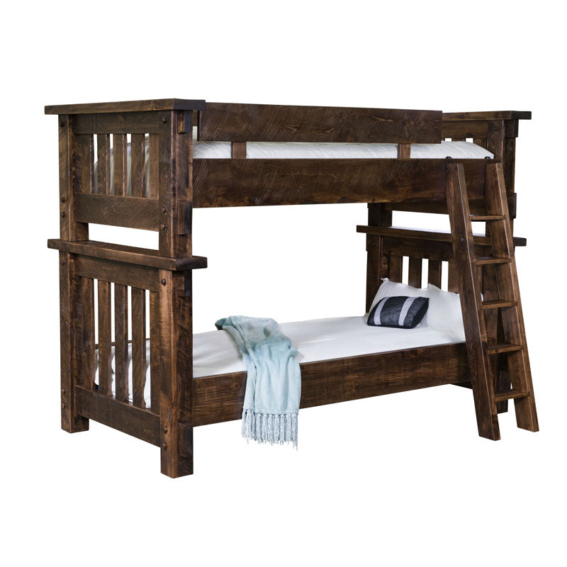 Wooden bunk bed with a ladder on a white background