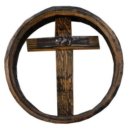 Wooden cross with circular wooden frame on a white background