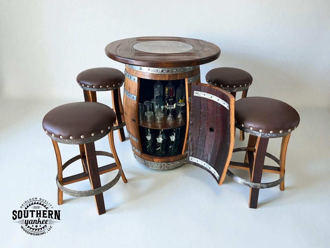 Wooden barrel table with bar stools on a white background, featuring Southern Yankee logo.