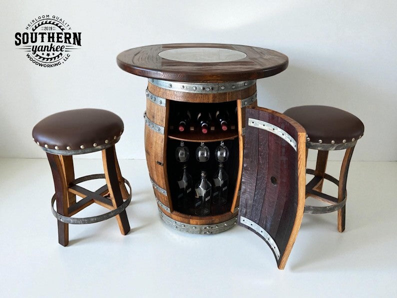 Wooden barrel table with wine storage and two stools, featuring Southern Yankee Woodworking logo.