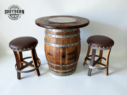 Wooden barrel table with two stools on a white background, featuring Southern Yankee branding.