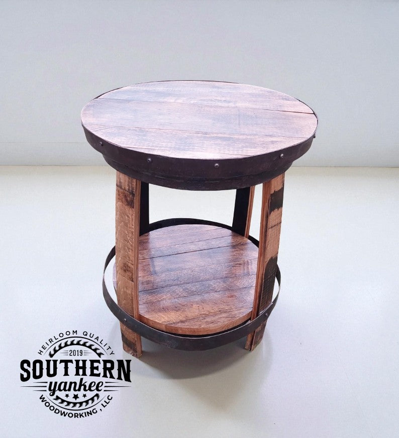 Wooden side table with metal accents on a white background, featuring Southern Yankee Woodworking logo.