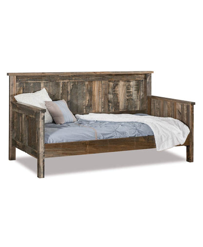 Wooden bed with a rustic design on a white background