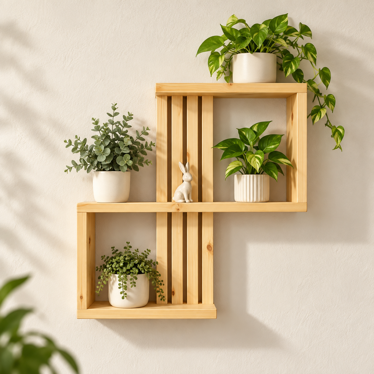 Natural pine wall shelf with six staggered geometric design and four ledges displaying for displaying plants and ornaments.