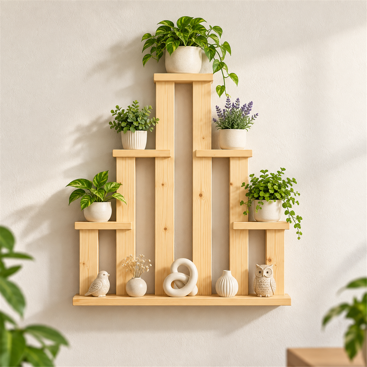 Stepped pine wall shelf with six display ledges, cream planters, and decorative ceramics against a light wall.