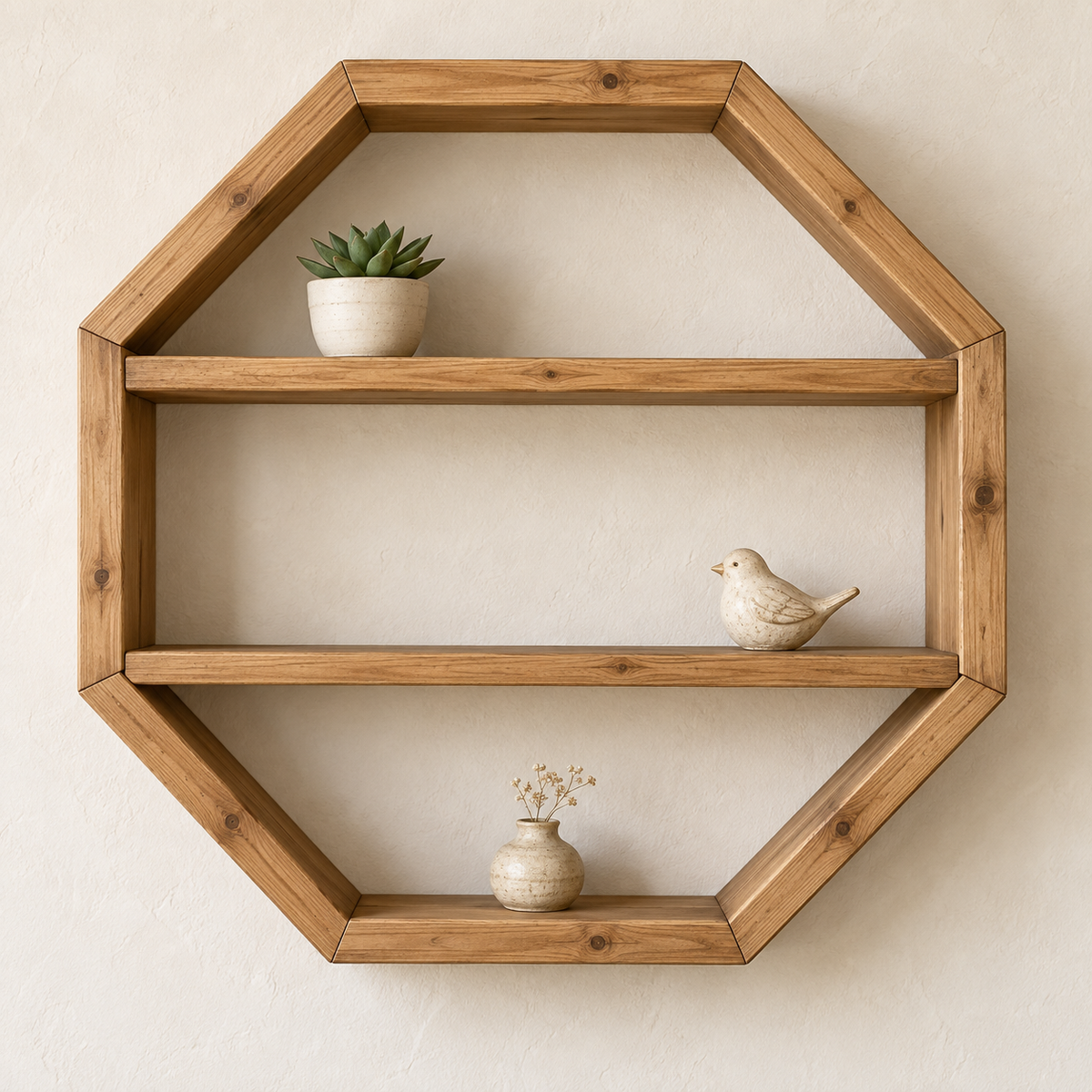 Rustic pine octagon wall shelf with two interior shelves, a bottom display ledge, and neutral decorative accents
