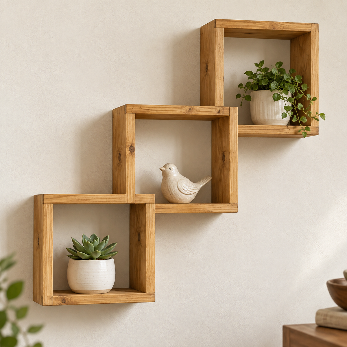 Rustic Geometric Pine Wall Shelf – Triple Square Display 26"