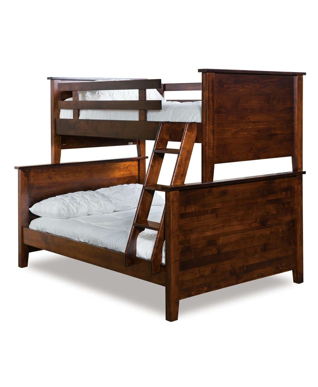 Wooden bunk bed with white bedding on a white background