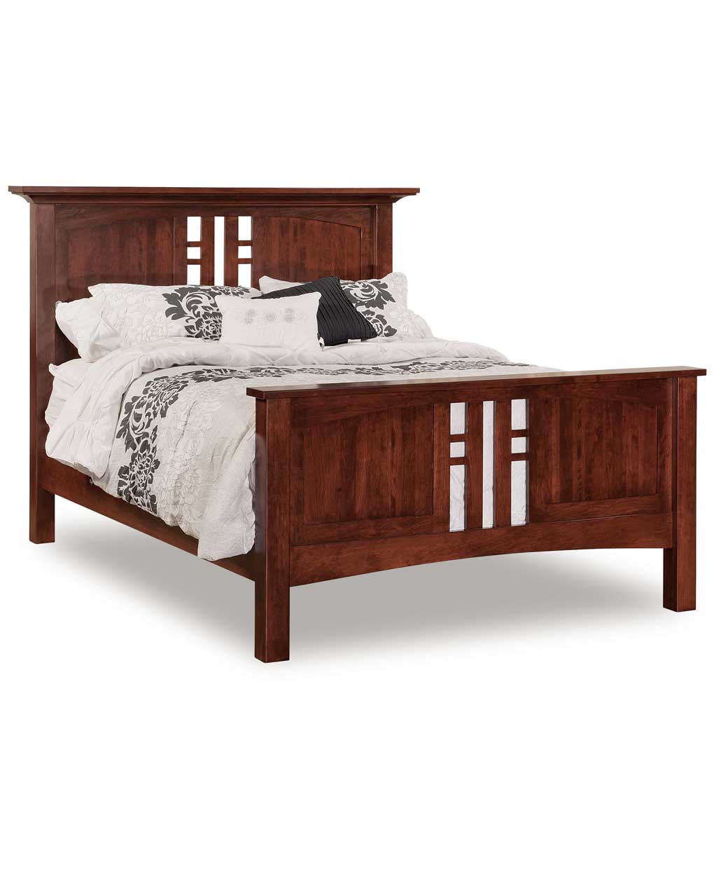 Wooden bed with white bedding and decorative pillows on a white background