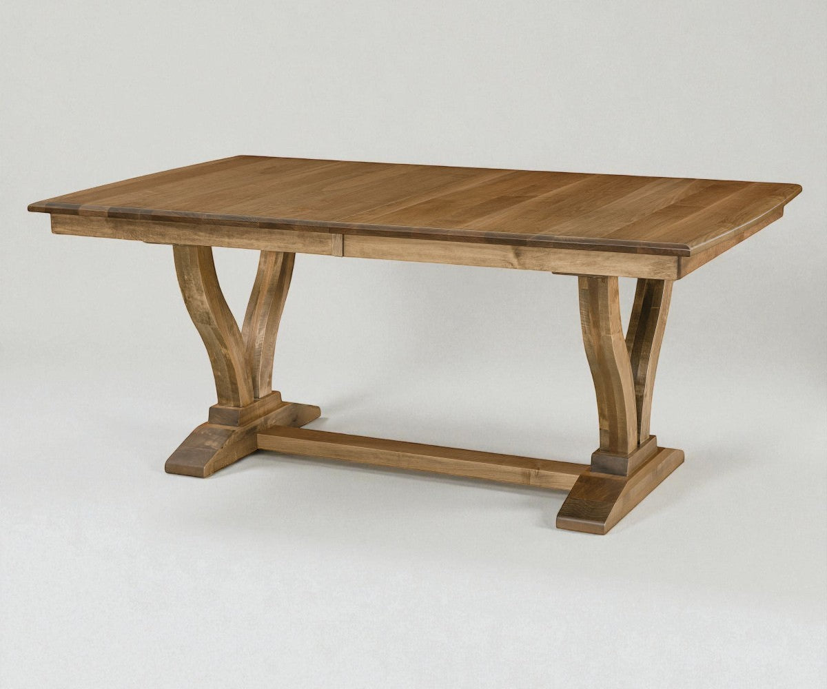 Wooden dining table with a rustic design on a white background