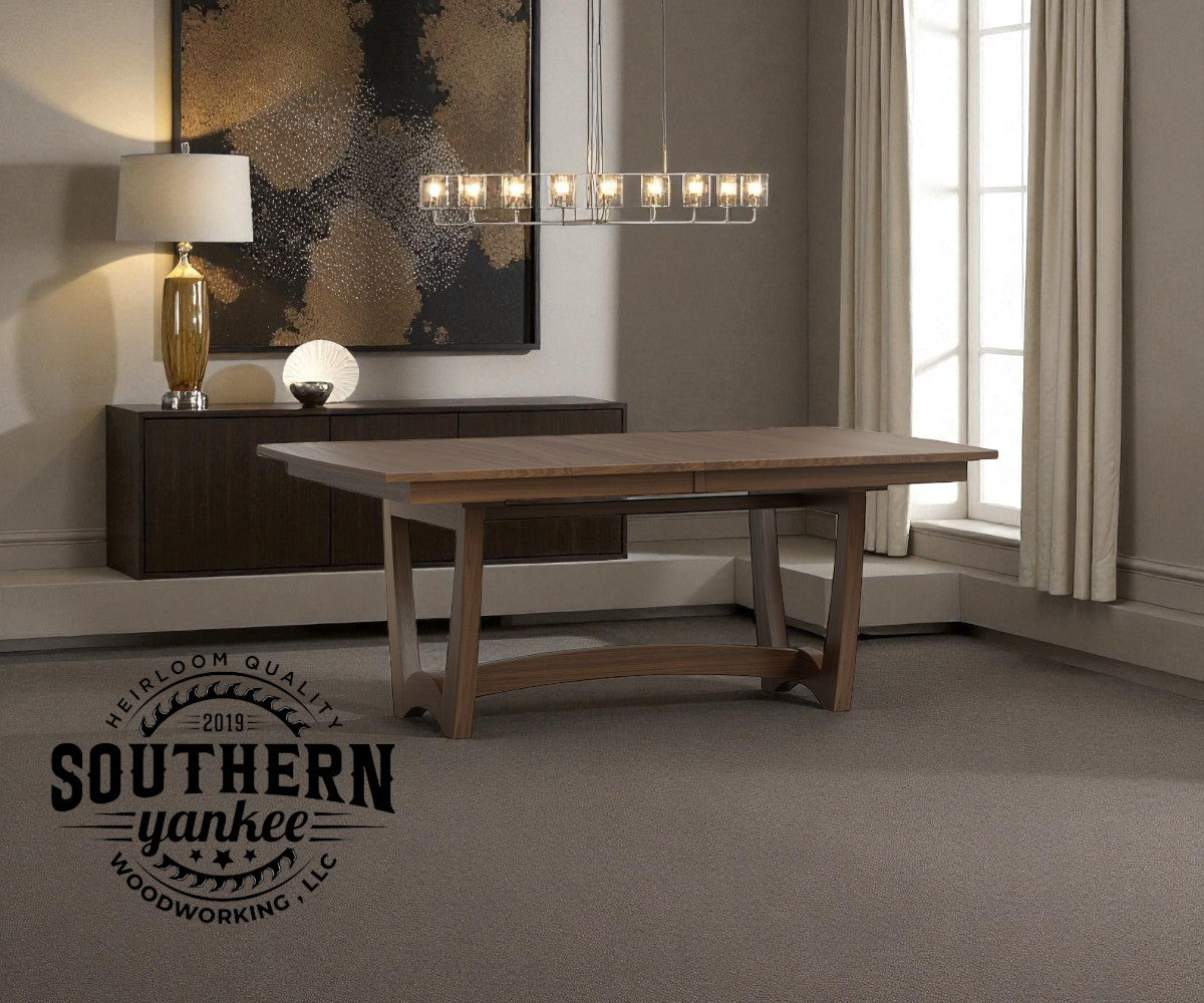 Wooden table in a room with Southern Yankee logo
