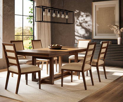 Dining room with wooden table and chairs, modern light fixture, and large window.