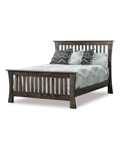 Wooden bed with bedding and pillows on a white background