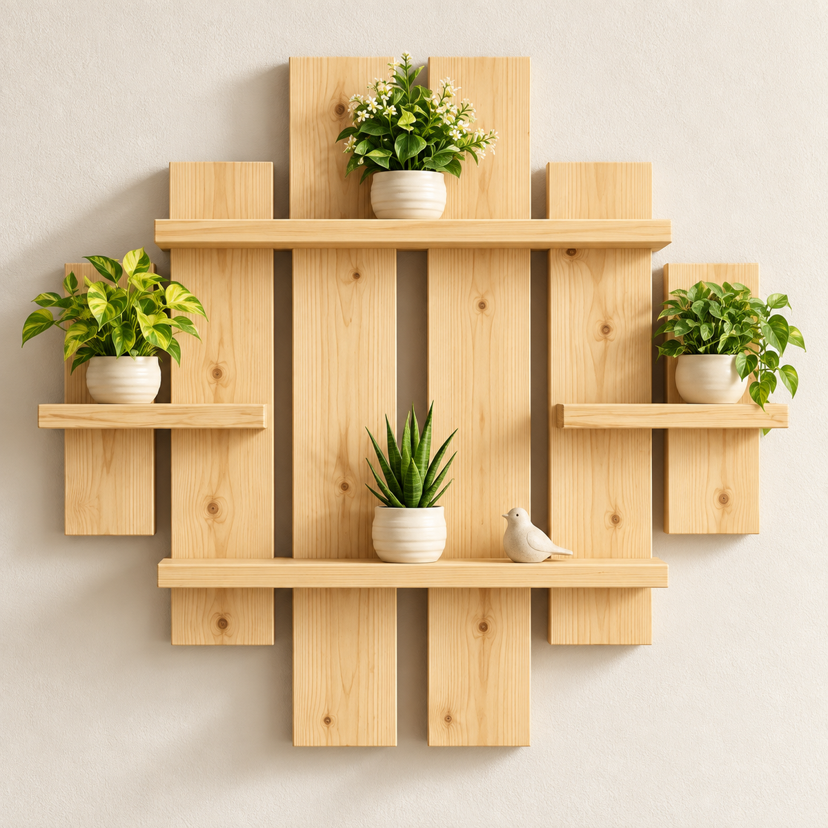 Natural pine wall shelf with six staggered backboards and four ledges displaying cream planters with greenery.