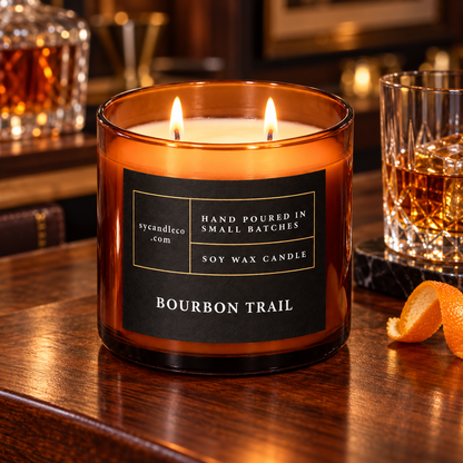 Bourbon Trail candle with sycandleco.com branding in a lifestyle setting