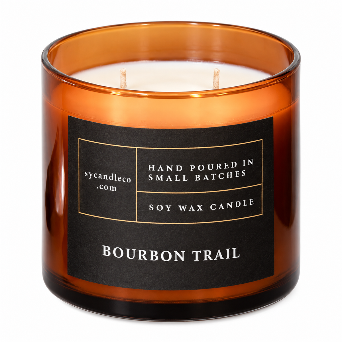 Bourbon Trail candle with sycandleco.com branding, product view