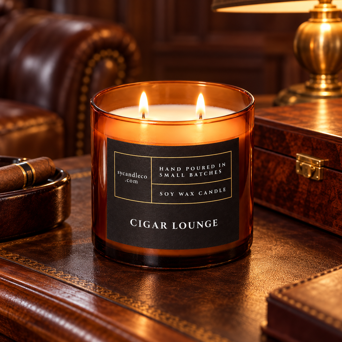 Cigar Lounge candle with sycandleco.com branding in a lifestyle setting