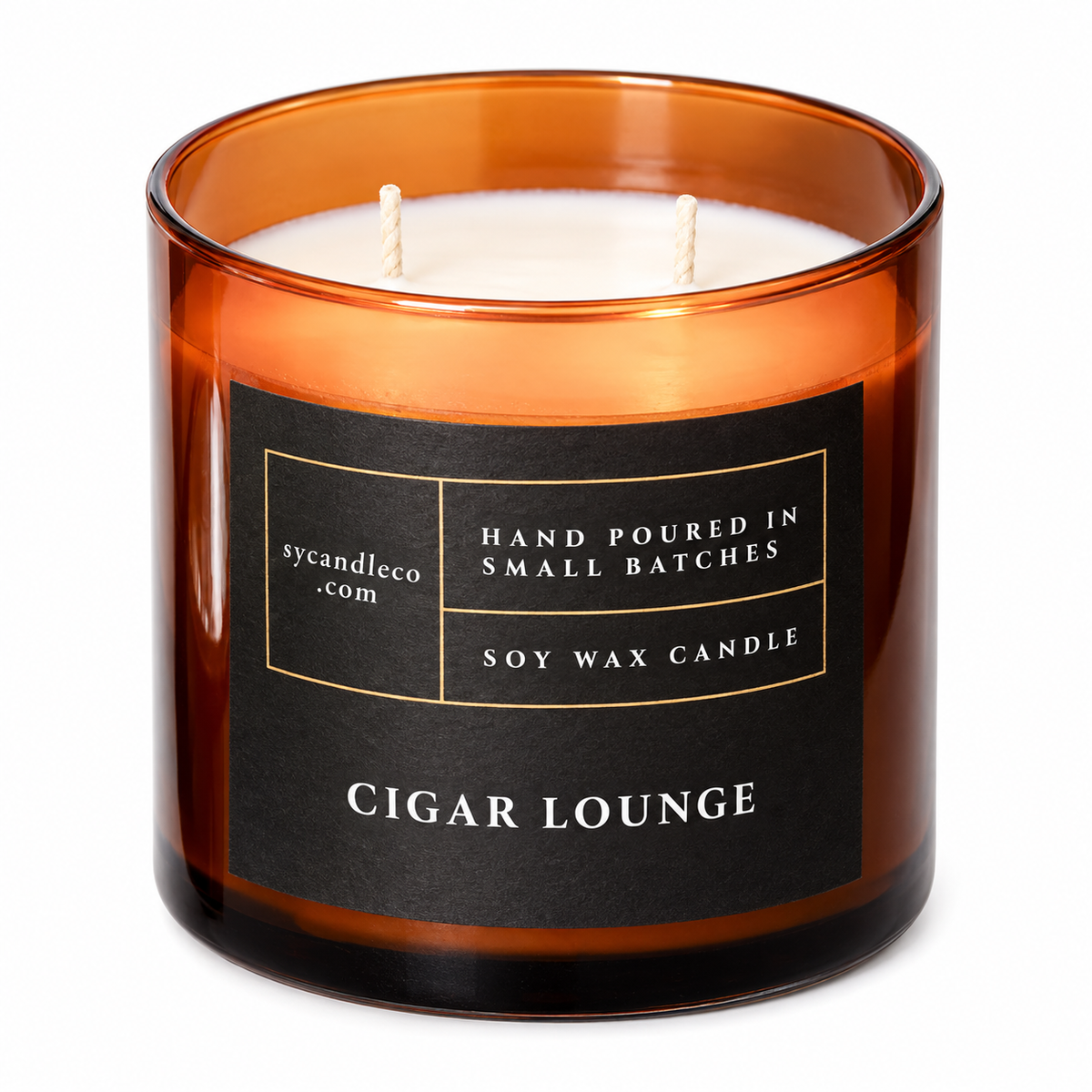 Cigar Lounge candle with sycandleco.com branding, product view