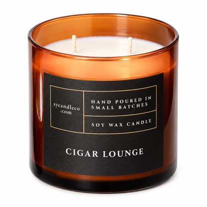 Cigar Lounge candle with sycandleco.com branding, product view