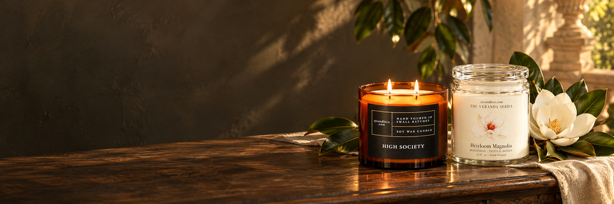 Southern Gent Collection — sycandleco.com candles on a warm Southern veranda